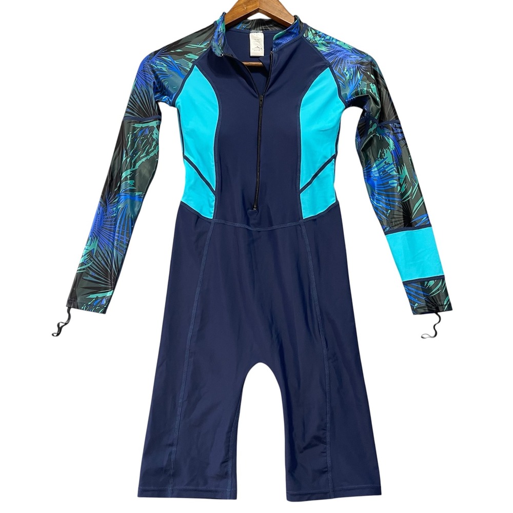 SBART Womens Rash Guard Swimsuit S Navy Blue Tropical Long Sleeve One Piece Surf